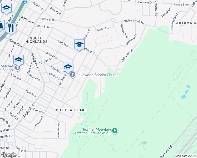 map of restaurants, bars, coffee shops, grocery stores, and more near 8324 12th Avenue South in Birmingham