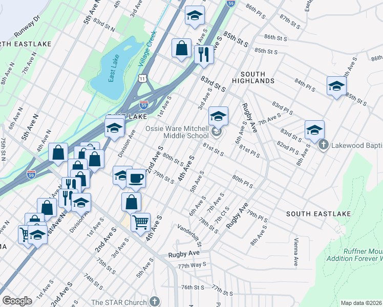 map of restaurants, bars, coffee shops, grocery stores, and more near 8019 4th Avenue South in Birmingham