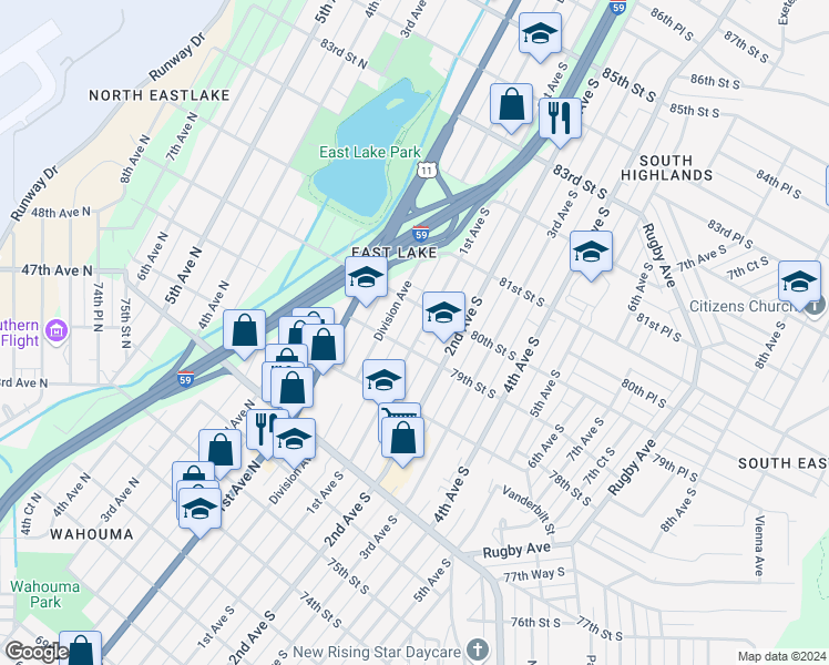 map of restaurants, bars, coffee shops, grocery stores, and more near 7912 1st Avenue North in Birmingham