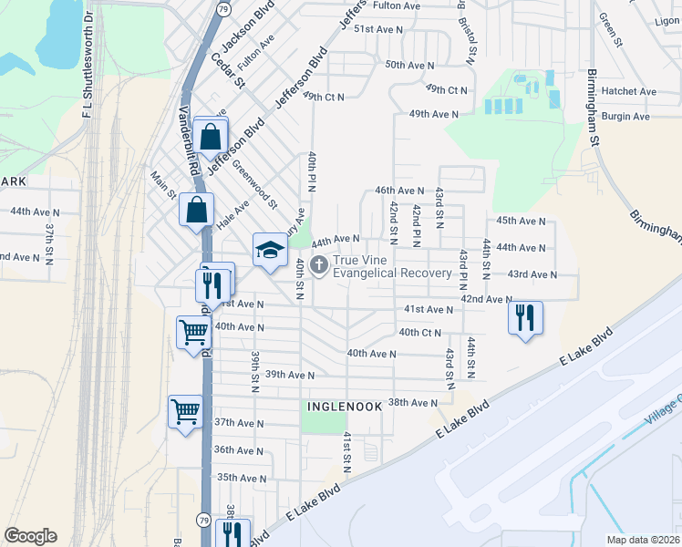 map of restaurants, bars, coffee shops, grocery stores, and more near 4109 43rd Avenue North in Birmingham