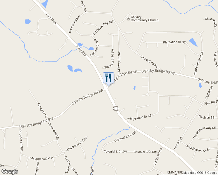 map of restaurants, bars, coffee shops, grocery stores, and more near 99 Oglesby Bridge Road Southeast in Conyers