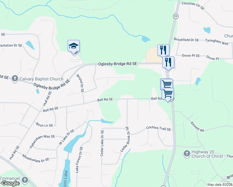 map of restaurants, bars, coffee shops, grocery stores, and more near 730 Bell Rd SE in Conyers