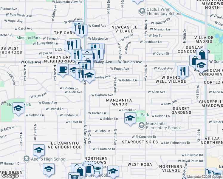map of restaurants, bars, coffee shops, grocery stores, and more near 8702 North 41st Avenue in Phoenix