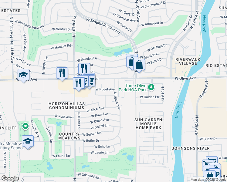 map of restaurants, bars, coffee shops, grocery stores, and more near 8837 North 104th Avenue in Peoria