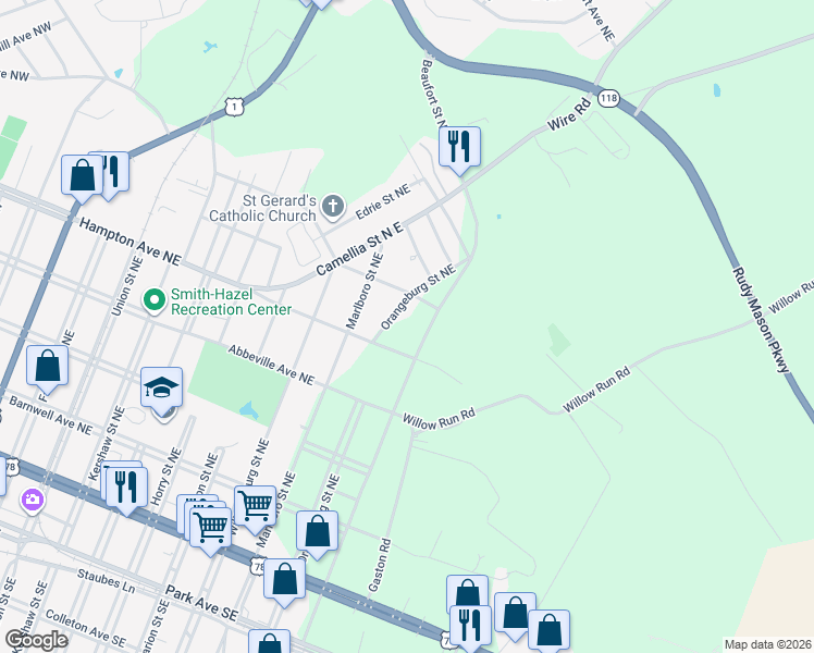 map of restaurants, bars, coffee shops, grocery stores, and more near 501-595 Beaufort Street Northeast in Aiken