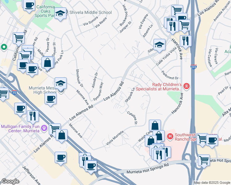 map of restaurants, bars, coffee shops, grocery stores, and more near 40518 Los Alamos Road in Murrieta