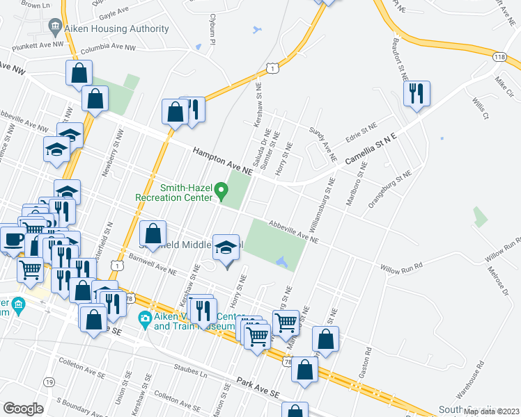 map of restaurants, bars, coffee shops, grocery stores, and more near 411 Horry Street Northeast in Aiken