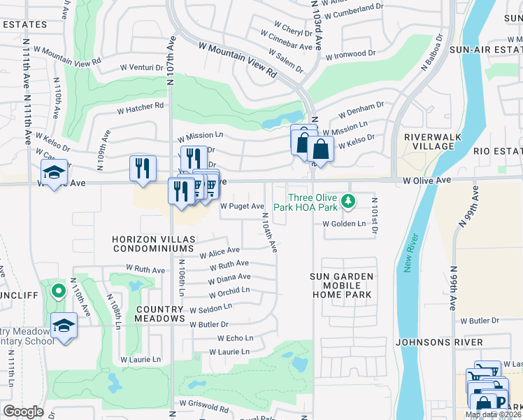 map of restaurants, bars, coffee shops, grocery stores, and more near 8837 North 104th Avenue in Peoria