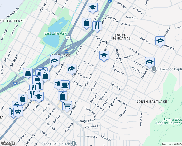map of restaurants, bars, coffee shops, grocery stores, and more near 8019 4th Avenue South in Birmingham