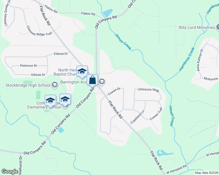 map of restaurants, bars, coffee shops, grocery stores, and more near 25 Cowan Court in Stockbridge
