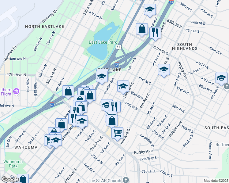 map of restaurants, bars, coffee shops, grocery stores, and more near 7912 1st Avenue North in Birmingham