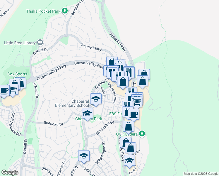 map of restaurants, bars, coffee shops, grocery stores, and more near 28 1st Street in Ladera Ranch
