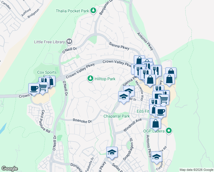 map of restaurants, bars, coffee shops, grocery stores, and more near 15 Saybrooke Lane in Ladera Ranch