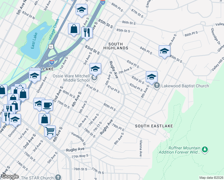 map of restaurants, bars, coffee shops, grocery stores, and more near 716 81st Place South in Birmingham