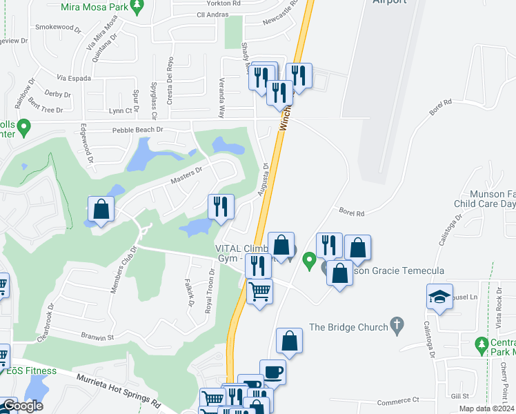 map of restaurants, bars, coffee shops, grocery stores, and more near 38254 Willowick Drive in Murrieta