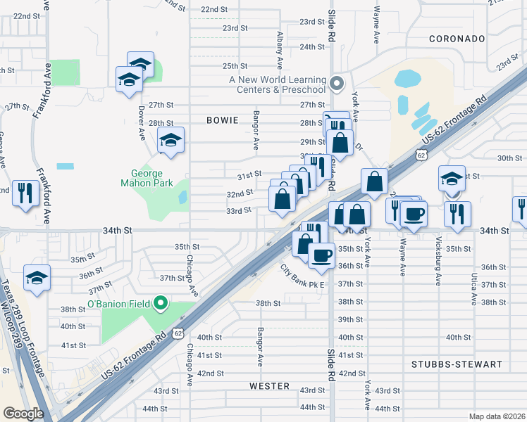 map of restaurants, bars, coffee shops, grocery stores, and more near 5280 34th Street in Lubbock