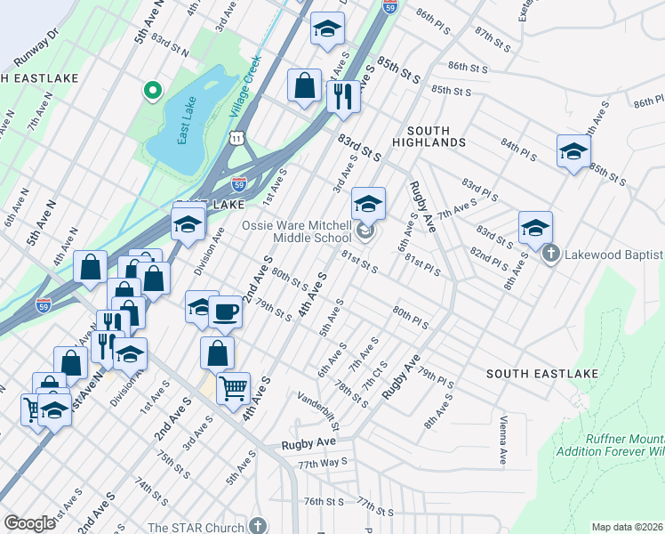 map of restaurants, bars, coffee shops, grocery stores, and more near 8019 4th Avenue South in Birmingham