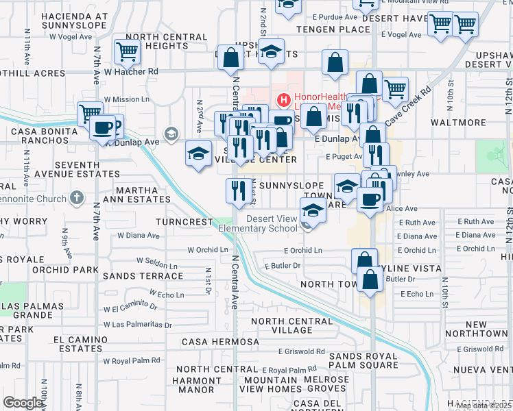 map of restaurants, bars, coffee shops, grocery stores, and more near 103 East Alice Avenue in Phoenix