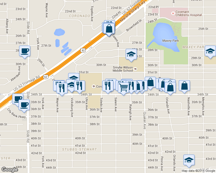 map of restaurants, bars, coffee shops, grocery stores, and more near 4613 33rd Street in Lubbock