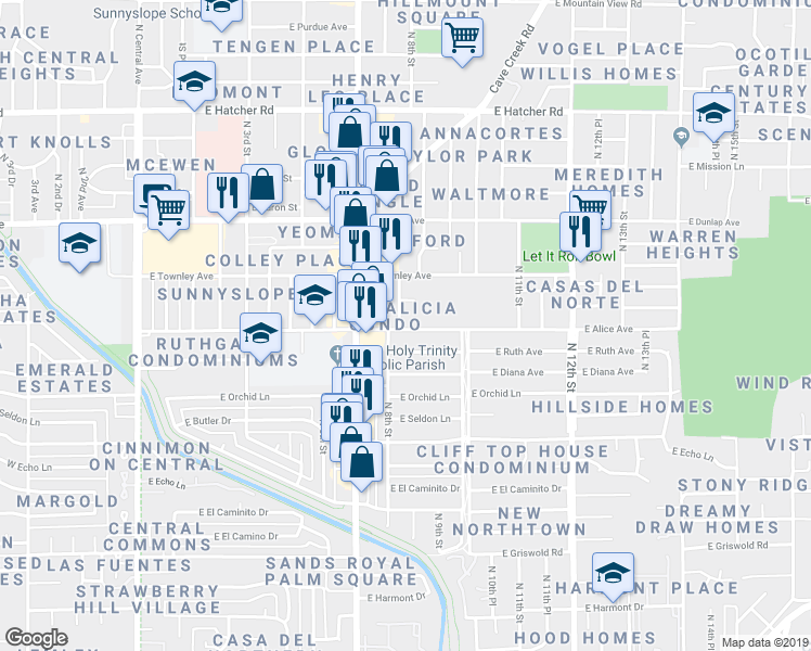 map of restaurants, bars, coffee shops, grocery stores, and more near 805 East Alice Avenue in Phoenix