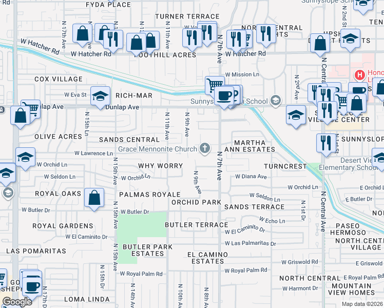 map of restaurants, bars, coffee shops, grocery stores, and more near 8660 North 9th Avenue in Phoenix
