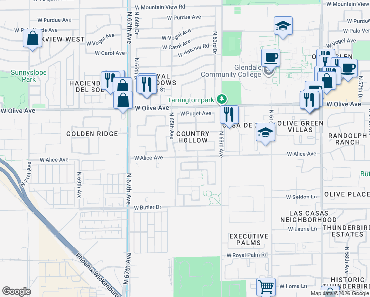 map of restaurants, bars, coffee shops, grocery stores, and more near 6457 West Lawrence Lane in Glendale