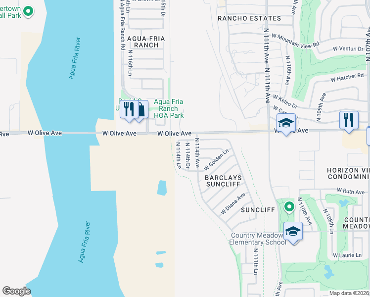 map of restaurants, bars, coffee shops, grocery stores, and more near 8902 North 114th Lane in Peoria