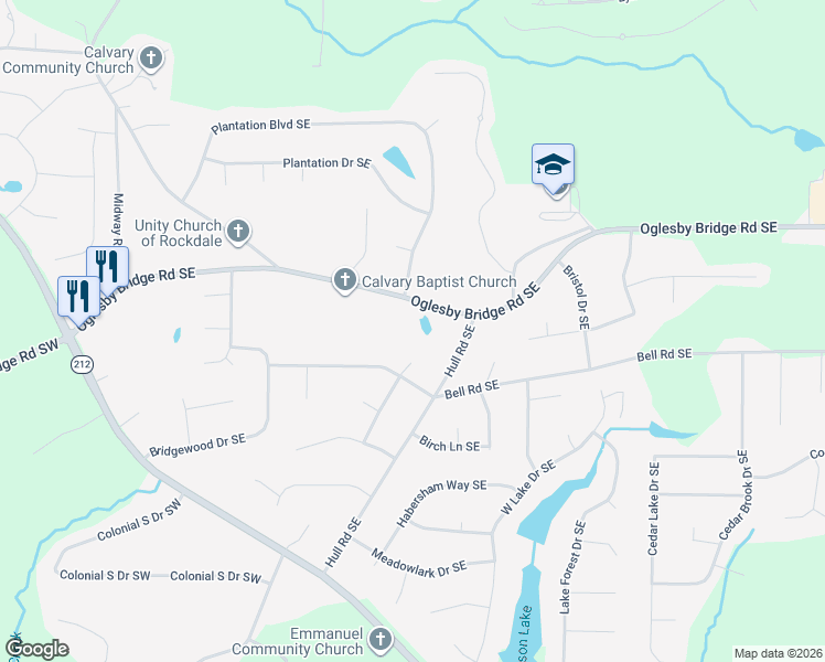 map of restaurants, bars, coffee shops, grocery stores, and more near 387 Oglesby Bridge Road Southeast in Conyers