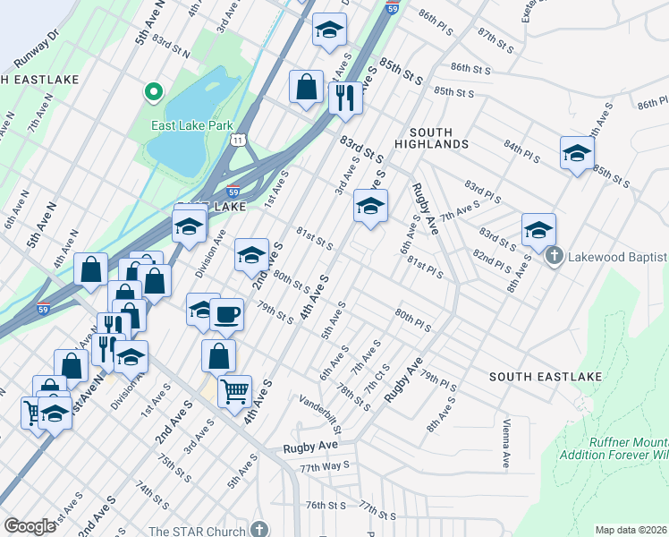 map of restaurants, bars, coffee shops, grocery stores, and more near 8019 4th Avenue South in Birmingham
