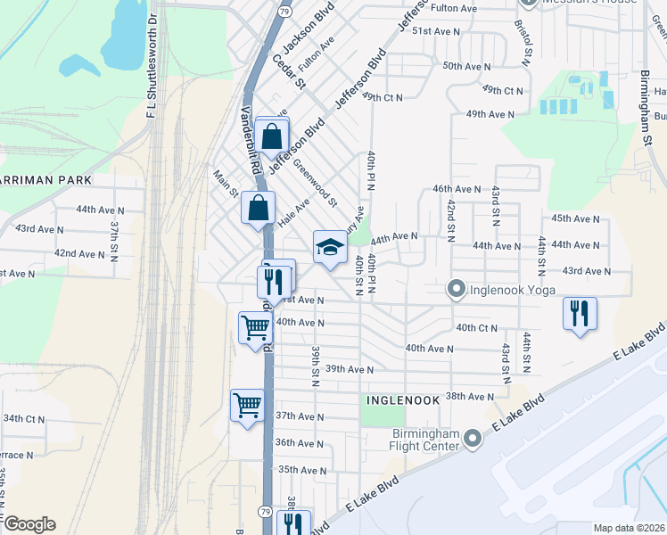 map of restaurants, bars, coffee shops, grocery stores, and more near 4120 Inglenook Street in Birmingham
