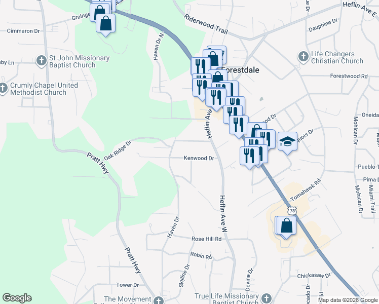 map of restaurants, bars, coffee shops, grocery stores, and more near 632 Kenwood Drive in Birmingham