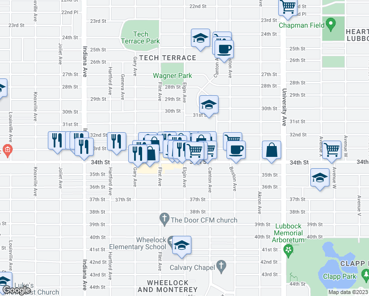 map of restaurants, bars, coffee shops, grocery stores, and more near Elgin Ave & 33rd St in Lubbock