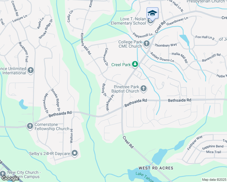 map of restaurants, bars, coffee shops, grocery stores, and more near 7030 Winkfield Place in Atlanta
