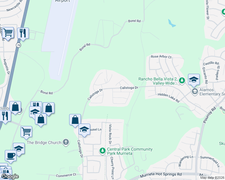 map of restaurants, bars, coffee shops, grocery stores, and more near 38301 Brookdale Way in Murrieta