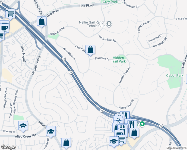 map of restaurants, bars, coffee shops, grocery stores, and more near 25122 Black Horse Lane in Laguna Hills