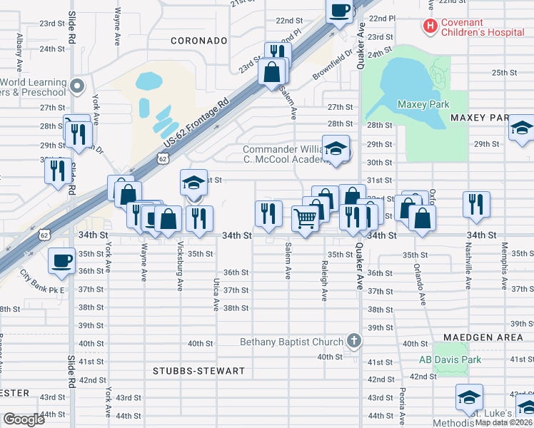 map of restaurants, bars, coffee shops, grocery stores, and more near 3206 Salisbury Avenue in Lubbock
