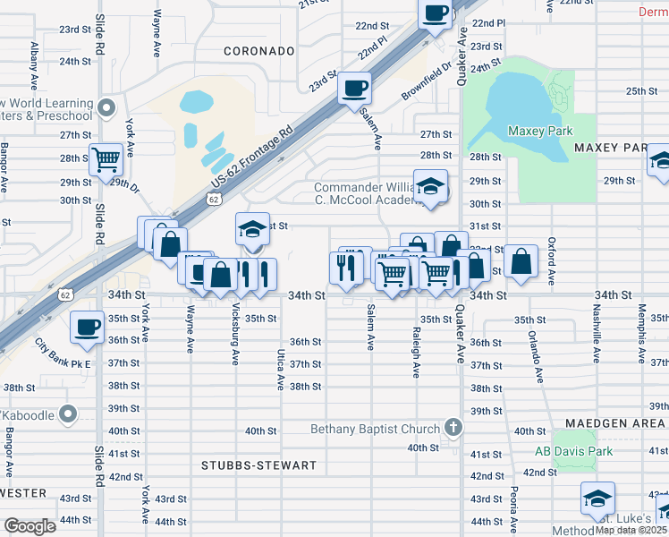 map of restaurants, bars, coffee shops, grocery stores, and more near 4646 34th Street in Lubbock