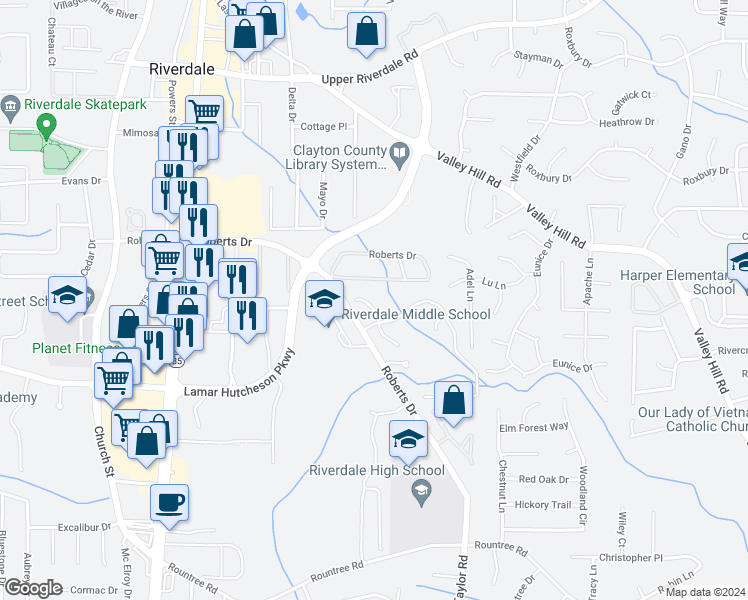 map of restaurants, bars, coffee shops, grocery stores, and more near 7046 Brookview Creek in Riverdale
