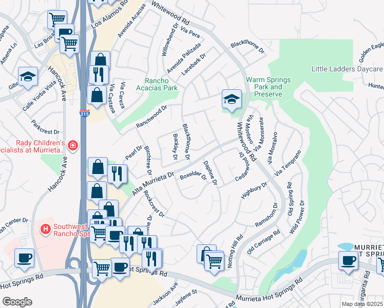 map of restaurants, bars, coffee shops, grocery stores, and more near 25568 Blackthorne Drive in Murrieta