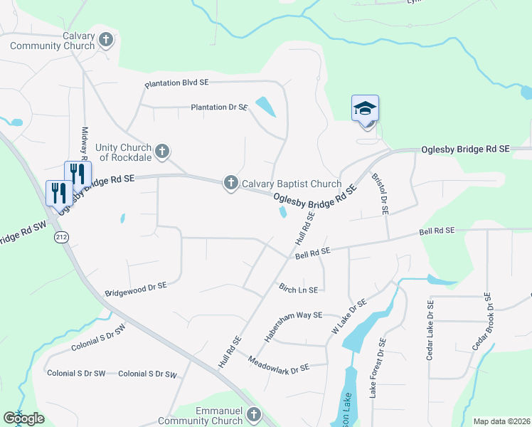map of restaurants, bars, coffee shops, grocery stores, and more near 4741 Kensington Court Southeast in Conyers