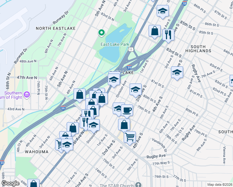 map of restaurants, bars, coffee shops, grocery stores, and more near 7900 Division Avenue in Birmingham