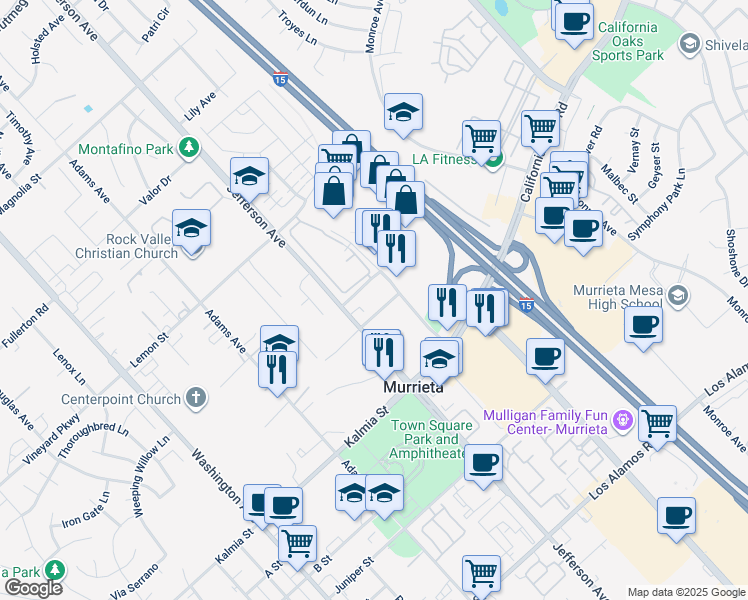 map of restaurants, bars, coffee shops, grocery stores, and more near 41435 Sycamore Street in Murrieta