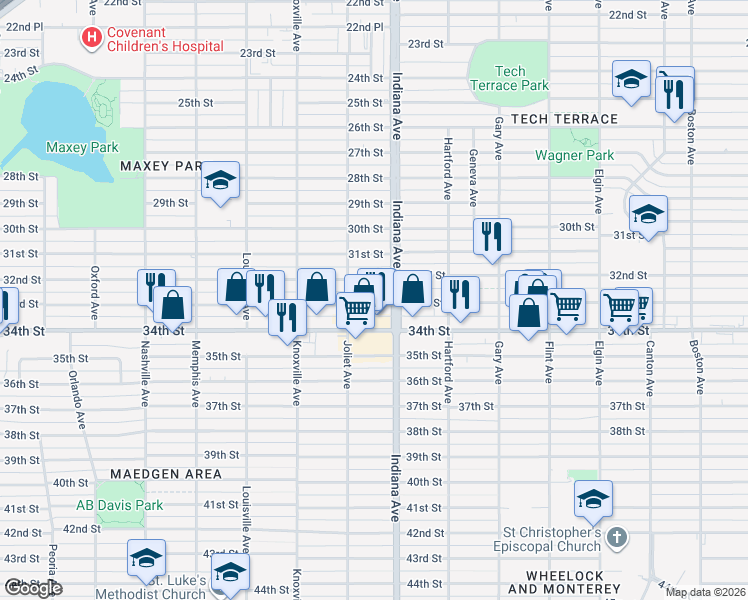 map of restaurants, bars, coffee shops, grocery stores, and more near 3411 33rd Street in Lubbock