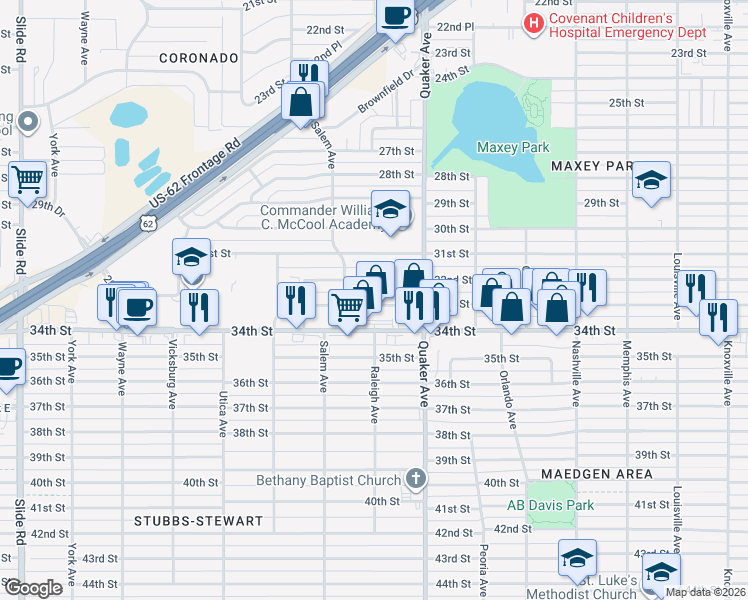 map of restaurants, bars, coffee shops, grocery stores, and more near 4426 34th Street in Lubbock