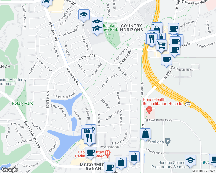 map of restaurants, bars, coffee shops, grocery stores, and more near 8531 East San Marcos Drive in Scottsdale