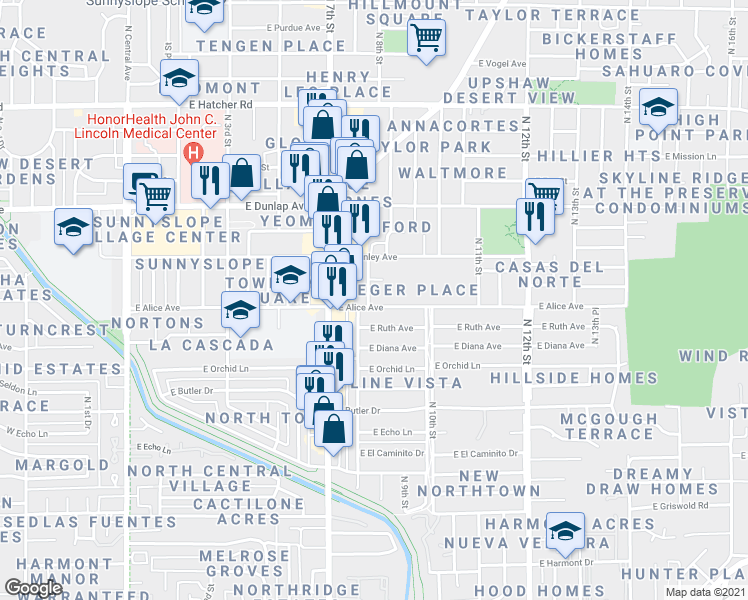 map of restaurants, bars, coffee shops, grocery stores, and more near 805 East Alice Avenue in Phoenix