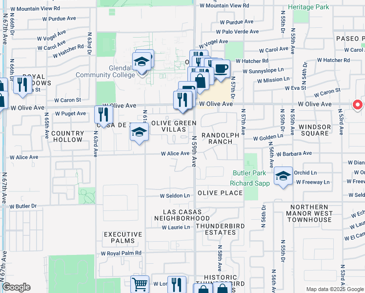 map of restaurants, bars, coffee shops, grocery stores, and more near 5936 West Alice Avenue in Glendale