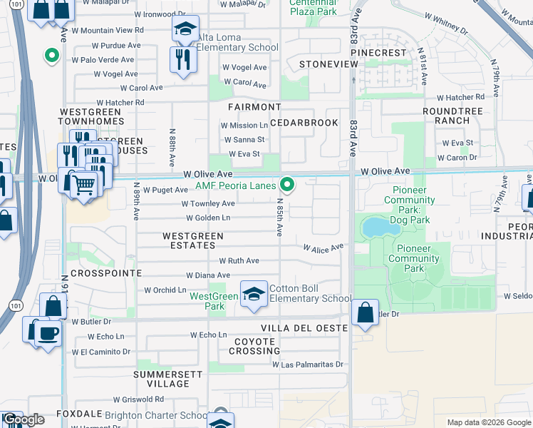 map of restaurants, bars, coffee shops, grocery stores, and more near 8533 West Golden Lane in Peoria