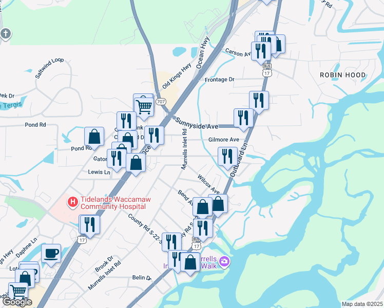 map of restaurants, bars, coffee shops, grocery stores, and more near 595 Hammock Avenue in Murrells Inlet