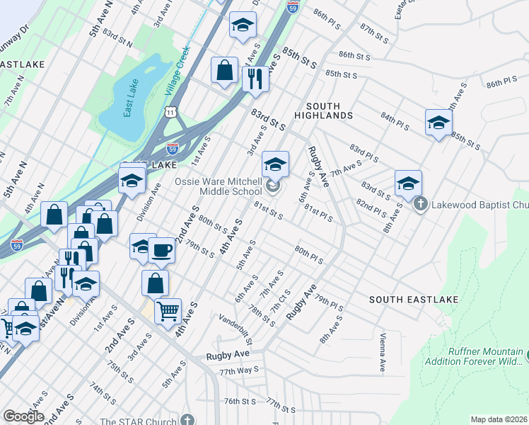 map of restaurants, bars, coffee shops, grocery stores, and more near 8037 5th Avenue South in Birmingham